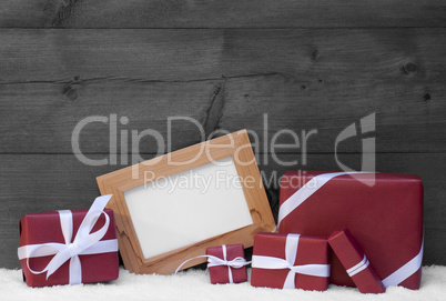 Red, Gray Christmas Decoration, Gifts, Snow, Copy Space