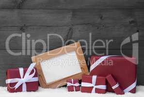 Red, Gray Christmas Decoration, Gifts, Snow, Copy Space