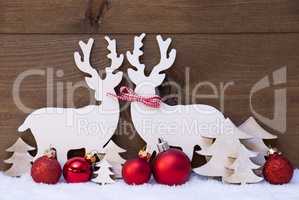 Christmas Decoration, Reindeer Couple In Love, Snow, Red Ball