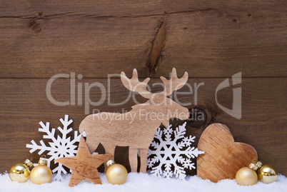 Golden Christmas Decoration, Snow, Moose, Hear, Snowflake
