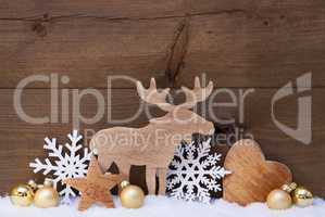 Golden Christmas Decoration, Snow, Moose, Hear, Snowflake