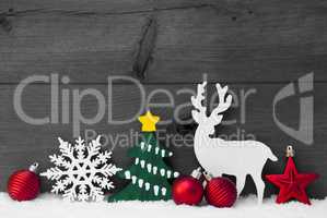 Gray Christmas Decoration, Reindeer, Snow, Green Tree, Balls