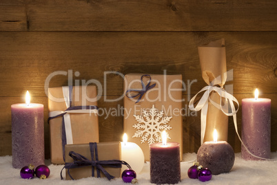 Purple Christmas Gifts With Candles And Balls, Snow