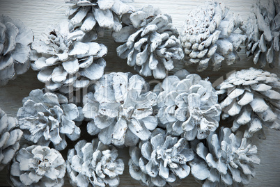 Christmas Card With White Fir Cones, Copy Space