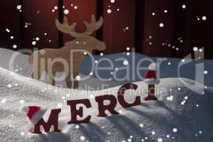 Christmas Card Moose, Snow, Merci Mean Thanks, Snowflakes, Hat