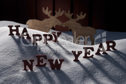 Christmas Card With Moose Couple And Snow, Happy New Year