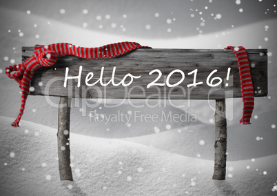 Gray Christmas Sign Hello 2016, Snow, Red Ribbon, Snowflakes