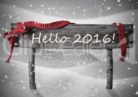 Gray Christmas Sign Hello 2016, Snow, Red Ribbon, Snowflakes