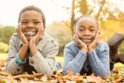 Portrait of young children lying in leaves