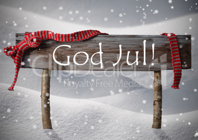 Card With Sign, Swedish God Jul Mean Merry Chrsitmas, Snow