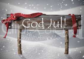 Card With Sign, Swedish God Jul Mean Merry Chrsitmas, Snow