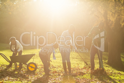 Young family picking up leaves