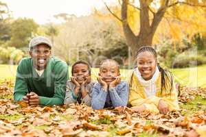 Portrait of a young smiling family lying in leaves