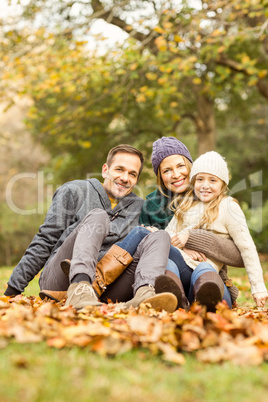 Smiling young family sitting in leaves