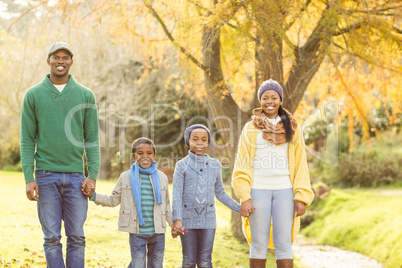 Portrait of a young smiling family walking