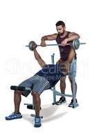Trainer helping muscular man to lift the barbell