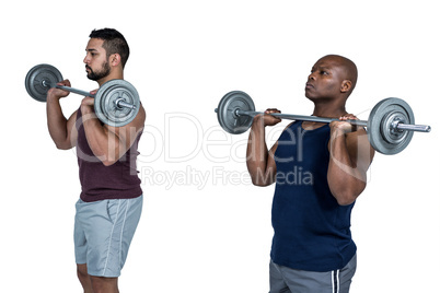 Two muscular men lifting barbell