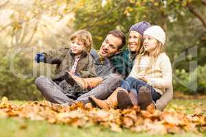 Smiling young family sitting in leaves