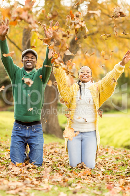 Portrait of a young couple throwing leaves around