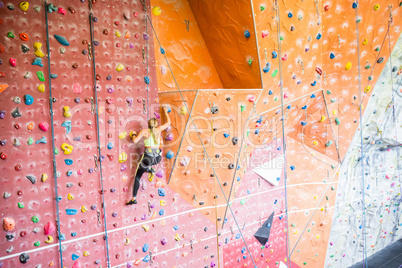 Fit woman rock climbing indoors