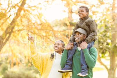 Young smiling family pointing something