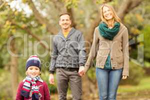 Smiling young family walking together