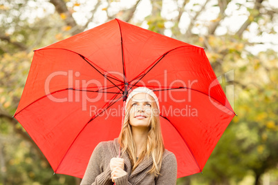 Smiling pretty woman under umbrella