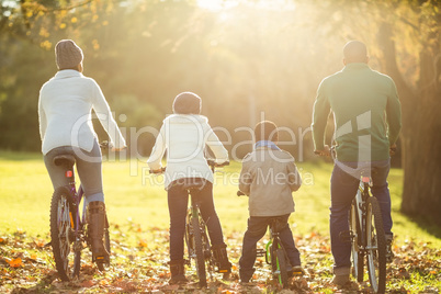 Rear view of a young family doing a bike ride