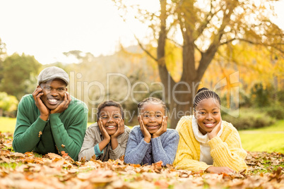 Portrait of a young smiling family lying in leaves