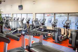 Row of treadmills and exercise bikes