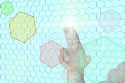 Hand before virtual wall with colored hexagons