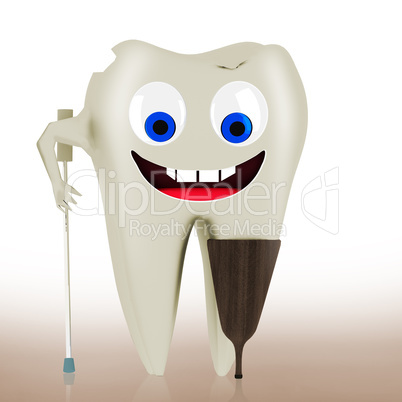 Sick tooth with face and wooden prosthesis