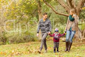 Smiling young family walking together