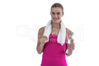 Portrait of pretty smiling woman with water bottle