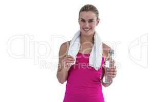 Portrait of pretty smiling woman with water bottle