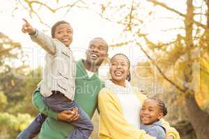Portrait of a young smiling family pointing something