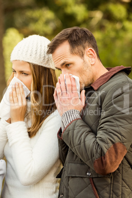 Sick couple blowing their noses