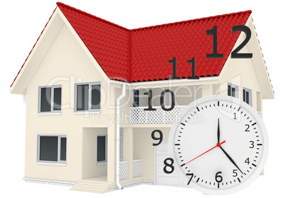 The house with red roof and clock numbers flying. Leaving time sale of real estate