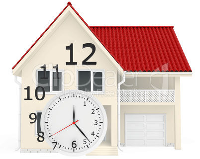 The house with red roof and clock numbers flying. Leaving time sale of real estate