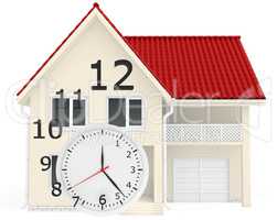 The house with red roof and clock numbers flying. Leaving time sale of real estate