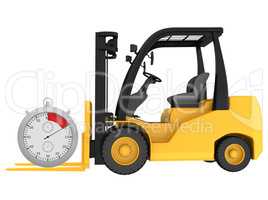 Forklift truck with a stopwatch isolated on white background