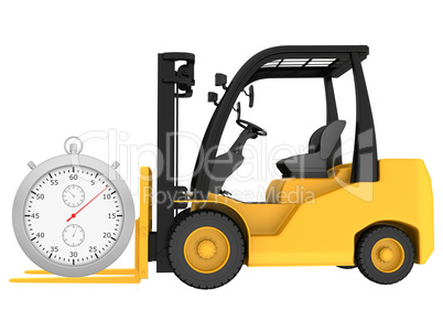 Forklift truck with a stopwatch isolated on white background