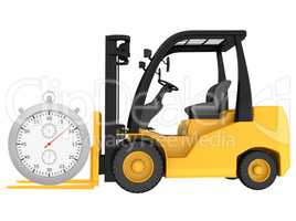 Forklift truck with a stopwatch isolated on white background