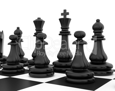 Chess pieces standing on black white chessboard