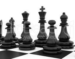 Chess pieces standing on black white chessboard