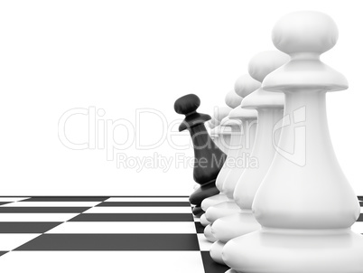 Black chess piece turns looking out white pawns