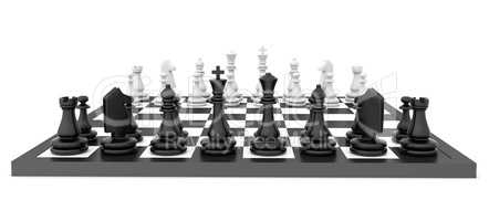 Chess pieces standing on black white chessboard