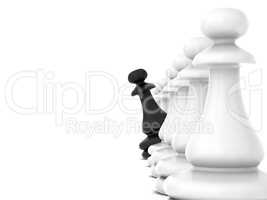 Black chess piece turns looking out white pawns