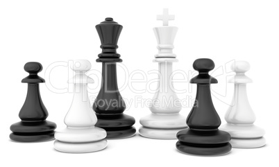 Chess pieces standing on white background with soft shadows
