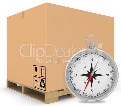Paper covered boxes on wooden pallet with a compass standing next
